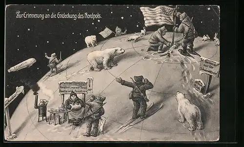 AK Entdeckung des Nordpols, Zeppelin, Eisbär, Schneehase, Zukunft