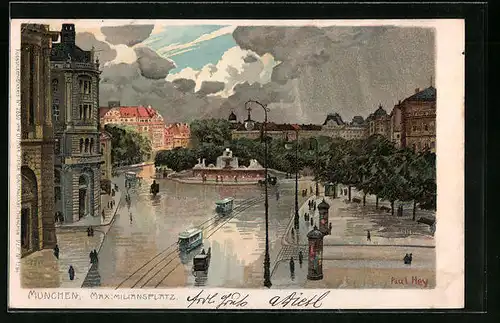 Künstler-Lithographie Paul Hey: München, Strassenbahnen am Maximiliansplatz