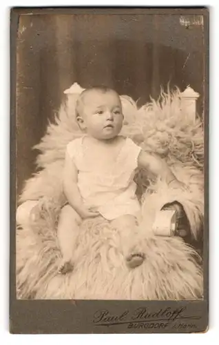 Fotografie Paul Rudloff, Burgdorf i. Hann., Portrait süsses Baby im weissen Hemdchen auf Fell sitzend