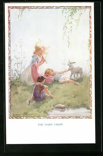 Künstler-AK Margaret W. Tarrant: Magic of Childhood, The Daisy Chain, Mädchen mit Lamm am Ufer