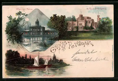 Lithographie Potsdam, Marmor-Palais, Schloss Babelsberg, Pfaueninsel
