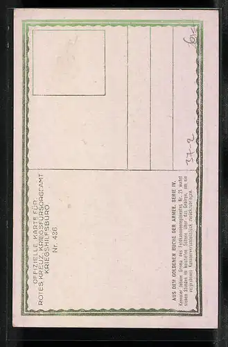 AK Rotes Kreuz Nr. 436: Kanonier Johann Grema des Feldkanonenregimentes Nr. 21 watet sieben Stunden..., Kriegsfürsorge