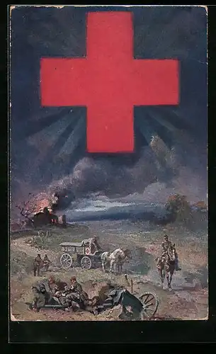 AK Rotes Kreuz, Soldaten versorgen nachts verwundeten Kameraden, Im Hintergrund brennende Häuser und Pferdewagen