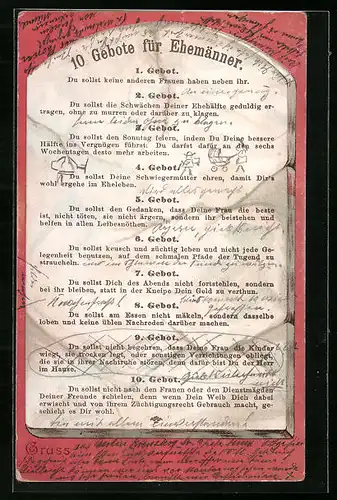 AK Zehn Gebote für Ehemänner, 1. Gebot Du sollst keine anderen Frauen haben neben ihr..., Scherz