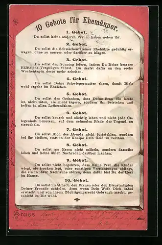 AK Zehn Gebote für Ehemänner, 1. Gebot Du sollst keine anderen Frauen haben neben ihr..., Scherz