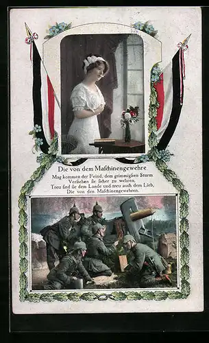 AK Soldaten der Infanterie mit Maschinengewehr, Junge Frau im Kleid