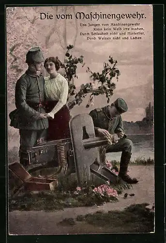 AK Soldaten der Infanterie mit Maschinengewehr und Frau