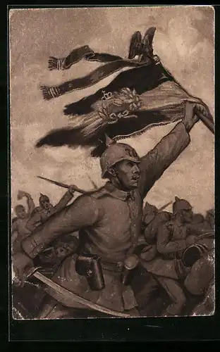 Künstler-AK Hamburg, Hamburger Opfertag 1915, Soldat der Infanterie mit Säbel und Fahne