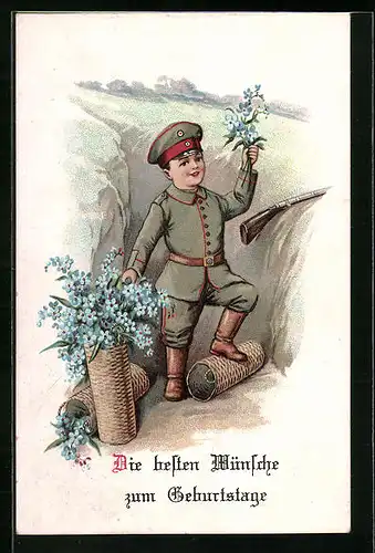 AK Bube steht mit Blumen in Uniform im Schützengraben, Geburtstagsgrüsse