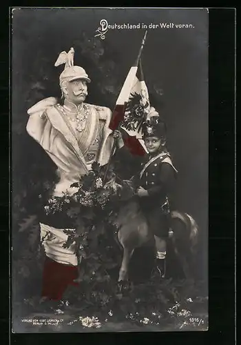 AK Deutschland in der Welt voran, Knabe in Uniform vor der Büste Kaiser Wilhelms