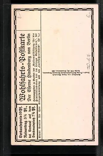 AK Der Eiserne Hindenburg zu Berlin, Nationalstiftung für die Hinterbliebenen der im Kriege Gefallenen