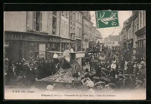 AK Cloyes, Mascarade 1912, Char de l`Aviation