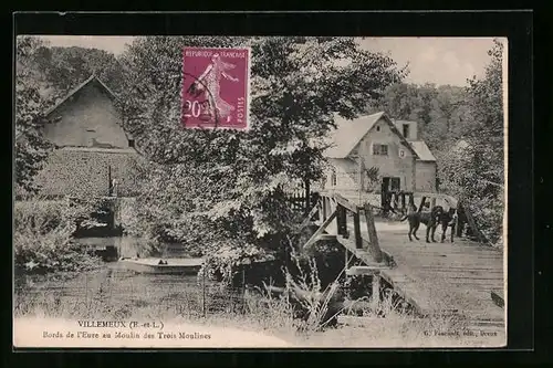 AK Villemeux, Bords de l`Eure au Moulin des Trois Moulines