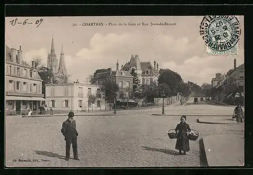 AK Chartres, Place de la Gare et Rue Jean-de-Beauce