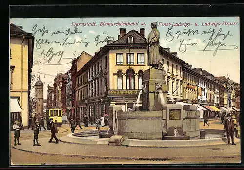 AK Darmstadt, Bismarckdenkmal mit Ernst-Ludwigs- und Ludwigsstrasse