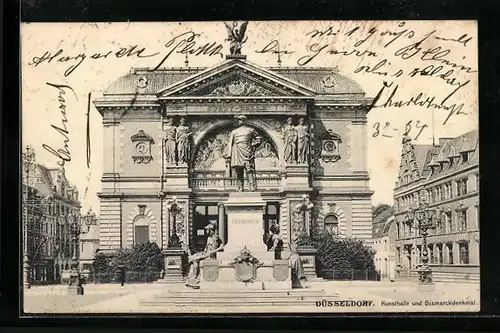 AK Düsseldorf, Kunsthalle und Bismarckdenkmal