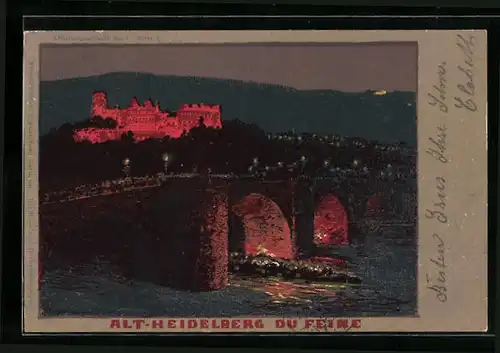 AK Alt-Heidelberg, Schloss und Brücke bei Beleuchtung