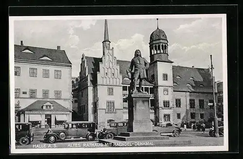 AK Halle a. S., altes Rathaus mit Haendel-Denkmal