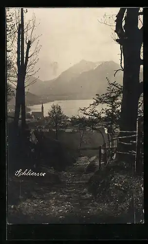 AK Schliersee, Blick auf See und Gebirgswand