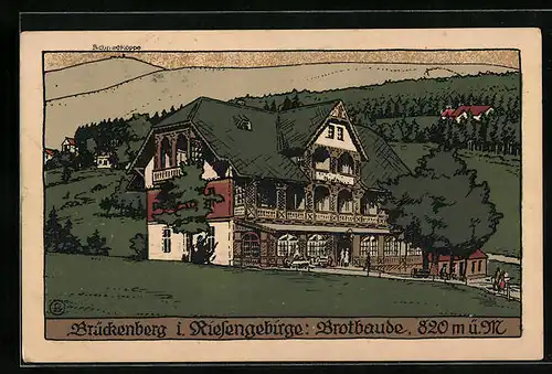 Steindruck-AK Brückenberg, Blick zur Brotbaude