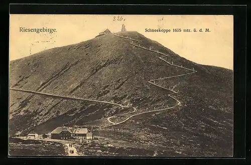 AK Schneekoppenhäuser, Fernblick auf Baude und Wetterwarte