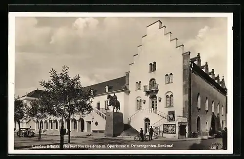 AK Landau /Pfalz, Herbert Norkus-Platz m. Sparkasse u. Prinzregenten-Denkmal