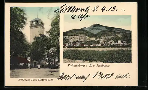 AK Zwingenberg a. B., Blick auf Ort, Melibocus-Turm