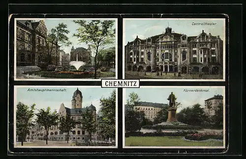 AK Chemnitz, Blick auf Rathaus und Centraltheater