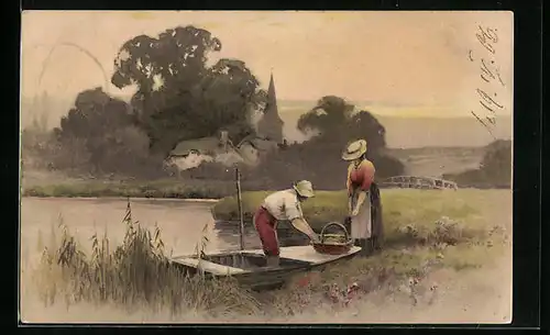 Künstler-AK Meissner & Buch (M&B) Serie 1355: Frau bringt Mann Essen im Korb zur Arbeit