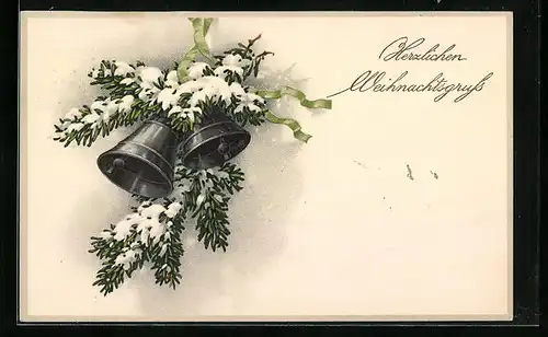 Künstler-AK Meissner & Buch (M&B) Serie 2242: Verschneite Tannenzweige mit Glocken, Weihnachten