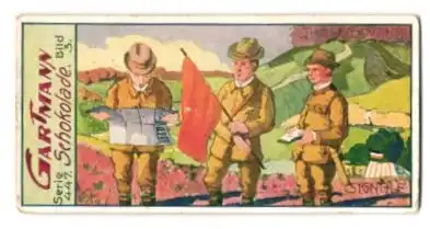 Sammelbild Gartmann Schokolade Serie 447, Bild 3, Jugendwehr, Männer lesen eine Karte und eine rote Fahne