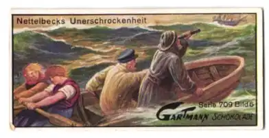 Sammelbild Gartmann Schokolade Serie 709 Bild 6, Nettelbecks Unerschrockenheit, unterwegs mit dem Ruderboot