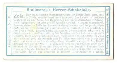 Sammelbild Stollwercksche Schokolade Serie 451 Bild 5, der französische Romanschriftsteller Emile Zola