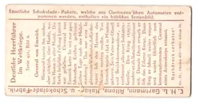 Sammelbild Gartmann Schokolade Serie 451 Bild 6, Deutsche Heerführer des Krieges, General von Emmerich