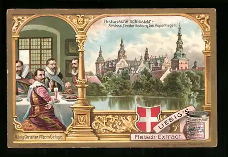 Sammelbild Liebig, Historische Schlösser, Schloss Frederiksborg bei Kopenhagen, König Christian IV. beim Gelage