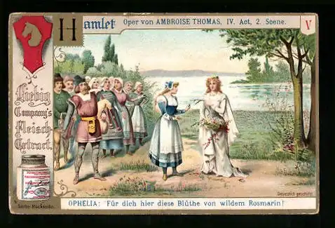 Sammelbild Liebig, Hamlet, Oper von Ambroise Thomas, Ophelia, Blüte von wildem Rosmarin