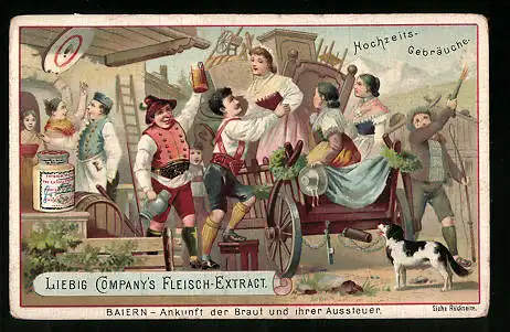 Sammelbild Liebig, Hochzeits-Gebräuche, Baiern, Ankunft der Braut und ihrer Aussteuer