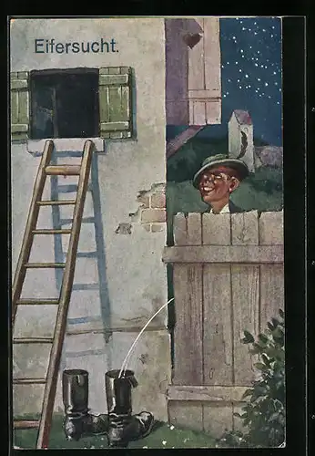 Künstler-AK Eifersucht, Mann uriniert in die Stiefel eines Konkurrenten, Toilettenhumor