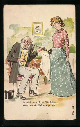 Künstler-AK Mann hört Frau ob einer Schwangerschaft ab, Scherz