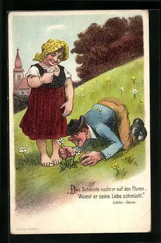 Künstler-AK Mann pflückt Blumen für seine Frau, Scherz