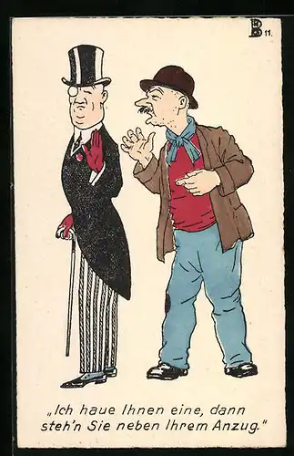 Künstler-AK Mann droht einem anderen einen Schlag an, Scherz