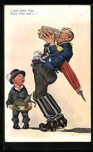 Künstler-AK I und mein Vata, der Sohn schaut dem Vater beim Trinken zu, Scherz