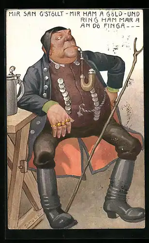 Künstler-AK Scherz, Mann in Tracht mit Pfeife und goldenen Ringen an den Fingern