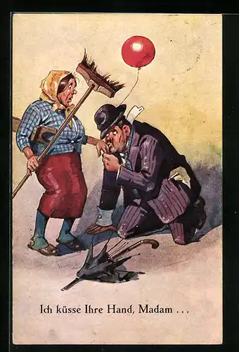 Künstler-AK Ich küsse ihre Hand, Madam..., Mann geht vor einer Frau auf die Knie, frauenfeindlicher Humor