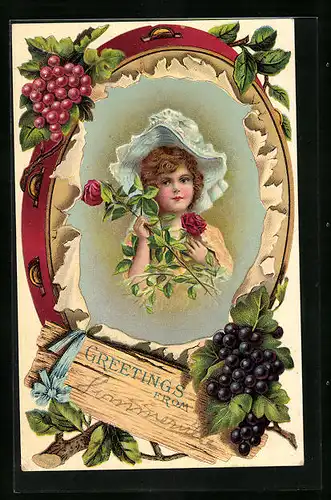 Präge-Lithographie Kleines Mädchen mit einem Rosenzweig, mit Weintrauben geschmückt, Tamburin