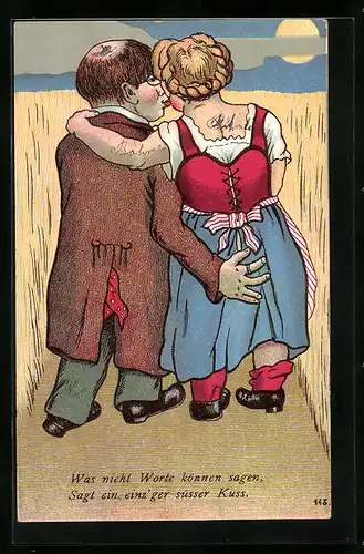 Künstler-AK Pärchen küsst sich im Weizenfeld, er greift ihr ans Gesäss, Erotik