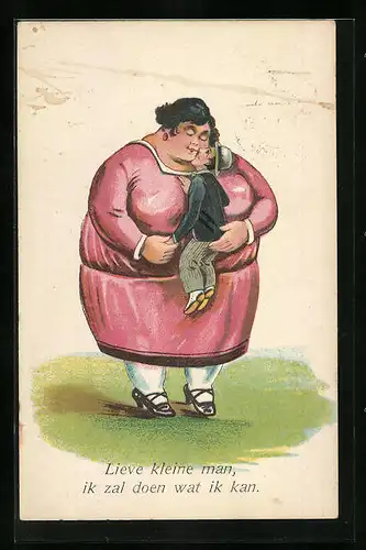 Künstler-AK Übergewicht, Frau in Übergrösse hebt ihren Mann zum Kuss hinauf