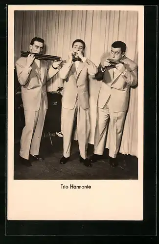 AK Musiker des Trios Harmonie mit Mundharmonikas