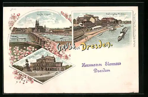 Lithographie Dresden, Altstadtpartie mit Brücke, Königliches Hoftheater, Italienisches Dörfchen