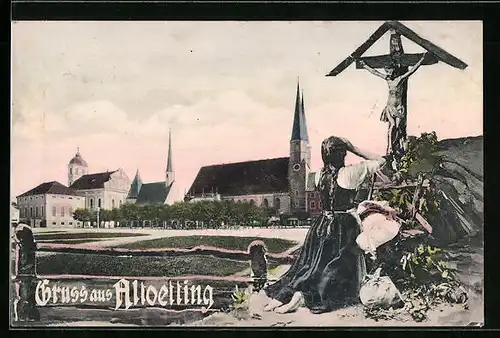 AK Altoetting, Junge Frau auf Knien vor Flurkreuz an einer Kirche